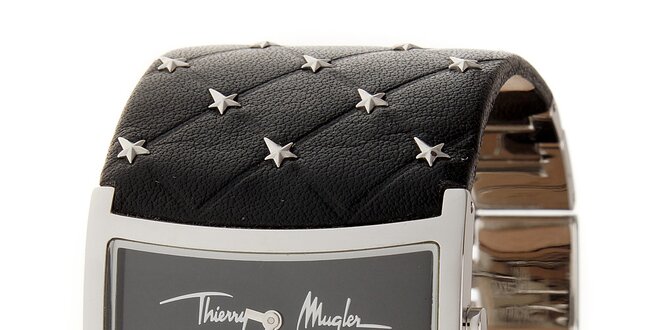 Dámske strieborné náramkové hodinky Thierry Mugler so širokým čiernym koženým remienkom