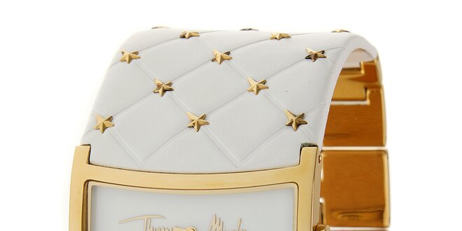 Dámske zlaté oceľové hodinky Thierry Mugler so širokým bielym koženým remienkom