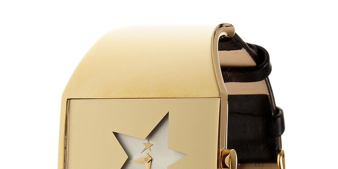 Dámske zlaté oceľové hodinky Thierry Mugler s koženým remienkom