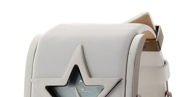 Dámske oceľové hodinky Thierry Mugler s bielym koženým remienkom
