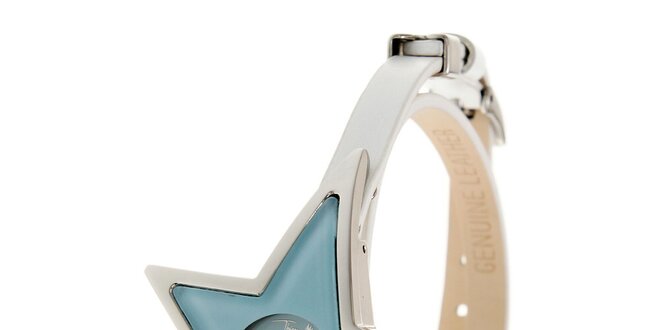 Dámske modré oceľové hodinky v tvare hviezdy Thierry Mugler s bielym koženým remienkom