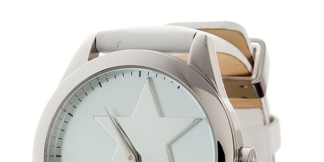 Dámske oceľové hodinky Thierry Mugler s bielym koženým remienkom