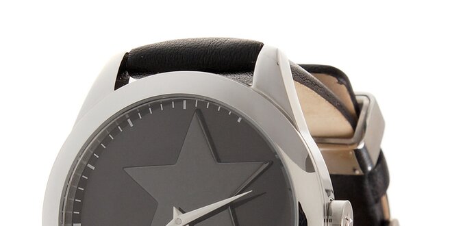 Dámske oceľové hodinky Thierry Mugler s čiernym koženým remienkom
