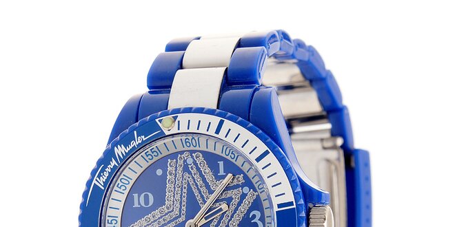 Dámske modré hodinky Thierry Mugler so striebornými detailami a kamienkami