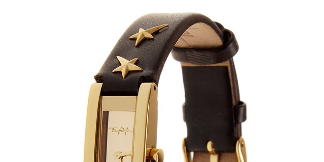 Dámske zlaté oceľové hodinky Thierry Mugler s čiernym koženým remienkom