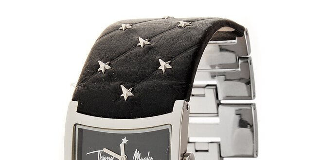 Dámske oceľové hodinky Thierry Mugler s čiernym koženým remienkom