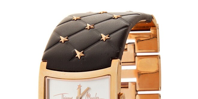 Dámske zlaté oceľové hodinky Thierry Mugler s tmavo hnedým koženým remienkom