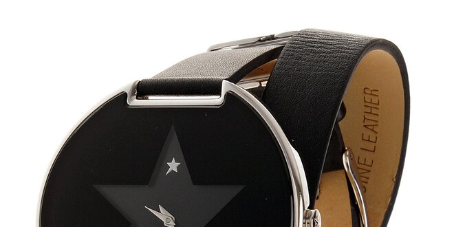 Dámske čierne náramkové hodinky Thierry Mugler s dlhým koženým remienkom
