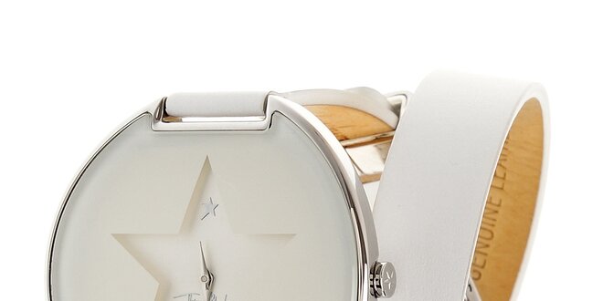 Dámske biele náramkové hodinky Thierry Mugler s dlhým koženým remienkom