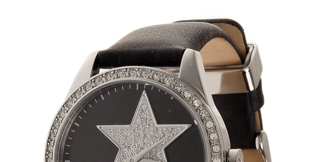Dámske oceľové hodinky Thierry Mugler s čiernym koženým remienkom a kamienkami