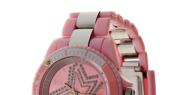 Dámske ružové hodinky Thierry Mugler so striebornými detailmi a kamienkami