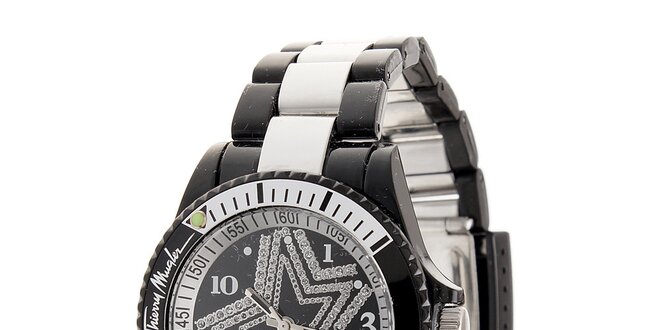 Dámske čierne hodinky Thierry Mugler so striebornými detailmi a kamienkami