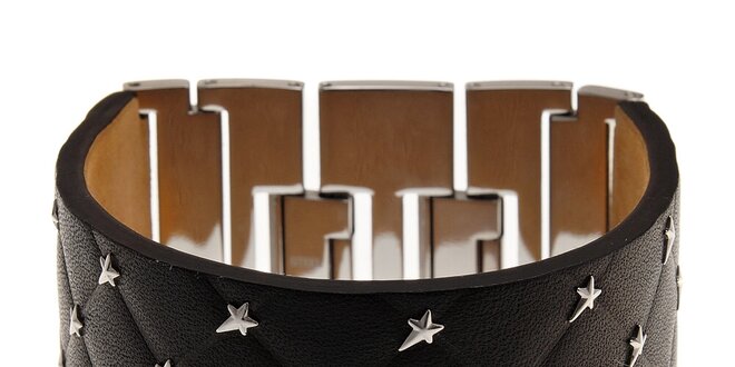 Široký čierny kožený náramok Thierry Mugler s kovovými hviezdami