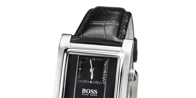 Pánske čierne hodinky s hranatým tmavým ciferníkom Hugo Boss