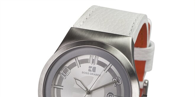 Pánske hodinky s bielym koženým remienkom Hugo Boss
