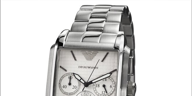 Pánske strieborné hodinky s chronografom a hranatým ciferníkom Emporio Armani