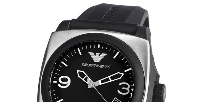 Pánske čierne hodinky s hranatým púzdrom Emporio Armani