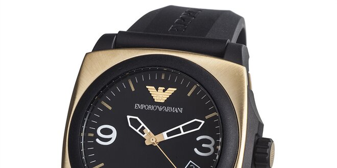 Pánske čierne hodinky s hranatým púzdrom v zlatej farbe Emporio Armani