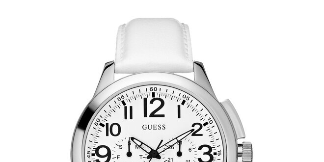 Pánske biele hodinky so strieborným púzdrom Guess