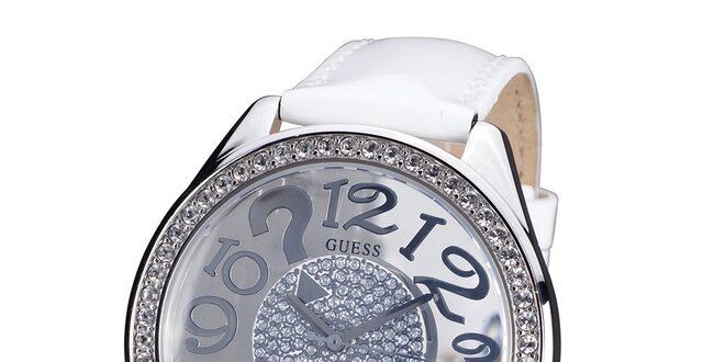 Dámske hodinky s kamienkami a bielym remienkom z kože Guess