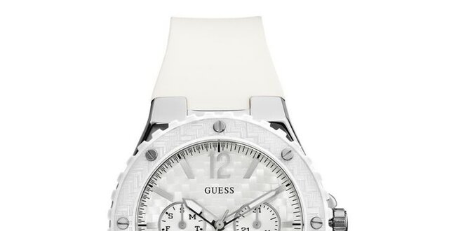 Dámske strieborné hodinky s bielym remienkom Guess