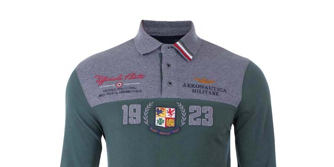 Pánske zeleno-šedé polo tričko s dlhým rukávom Aeronautica Militare