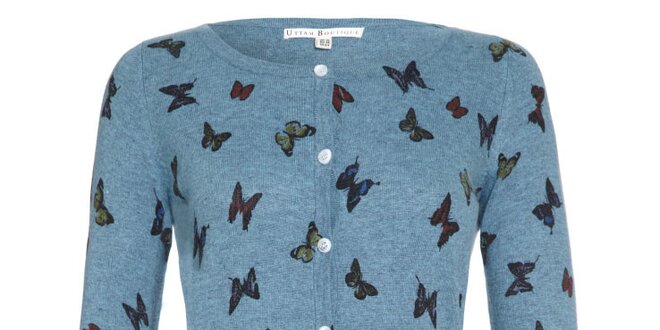 Dámsky modrý zapínací svetrík s motýlikmi Uttam Boutique