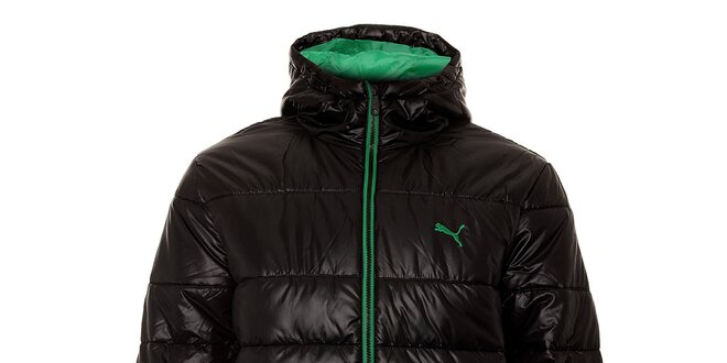 Pánska čierna zimná prešívaná bunda Puma so zelenými detailami