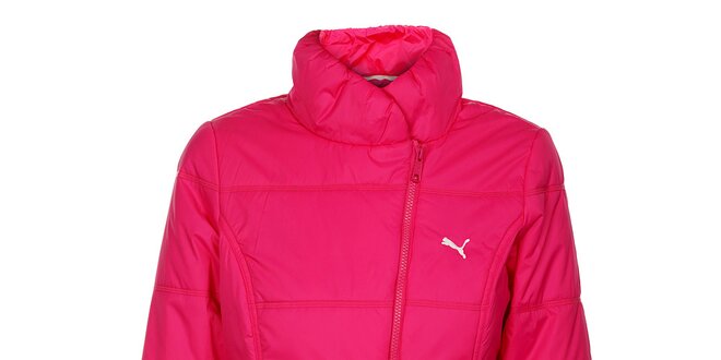 Dámska neónovo ružová zimná prešívaná bunda Puma so šikmým zipsom
