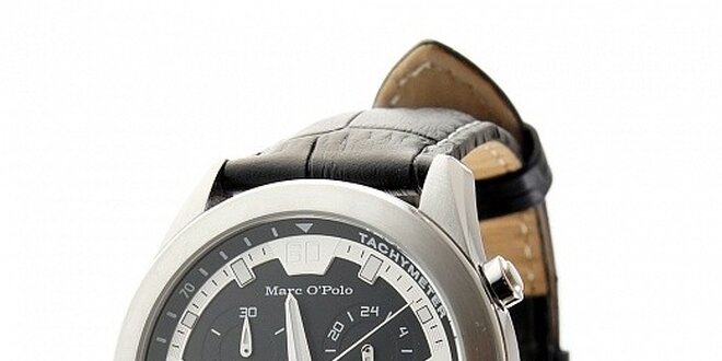 Štýlové oceľové hodinky Marc O´Polo s čiernym koženým remienkom