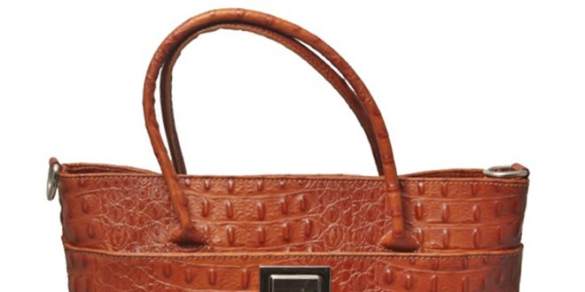 Dámska koňakovo hnedá kabelka s motívom krokodílej kože Leonardo Farnesi