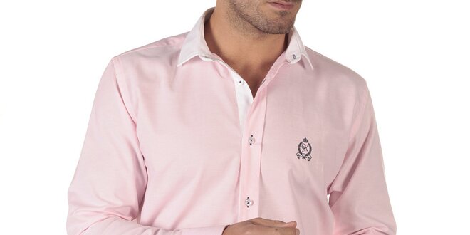 Pánska ružová košeľa s dlhým rukávom a bielym límčekom CLK