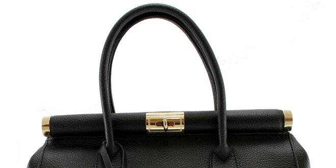 Dámska čierna kožená kabelka so zlatým zámčekom Florence Bags