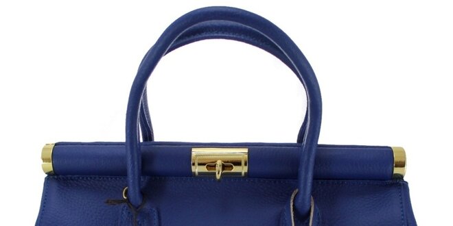 Dámska modrá kožená kabelka so zlatým zámčekom Florence Bags