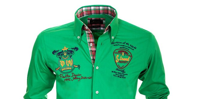 Pánska zelená košeľa s výšivkami Pontto