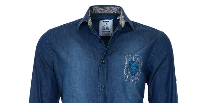 Pánska modrá džínsová košeľa so šisovaním Pontto