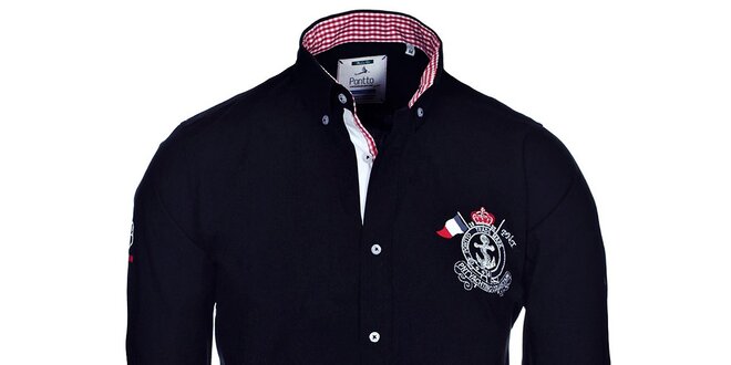 Pánska čierna košeľa Pontto s kockovanými detailmi
