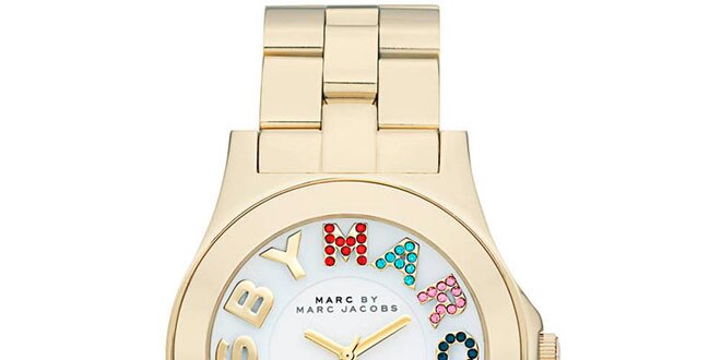 Dámske pozlátené analógové hodinky s farebnými kamienkami Marc Jacobs