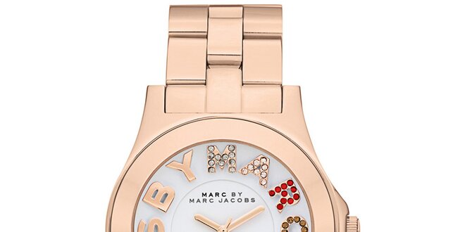 Dámske pozlátené analógové hodinky s farebnými kamienkami Marc Jacobs vo farbe ružového zlata