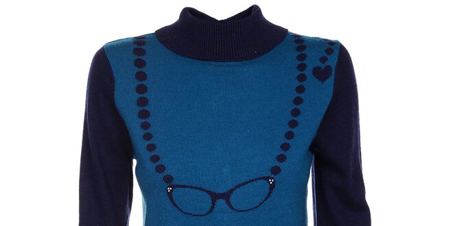 Dámsky modrý sveter Yumi so vzorom okuliarov a gombíkmi