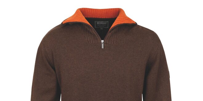 Pánsky hnedý polozapínací sveter s oranžovým golierom Bushman