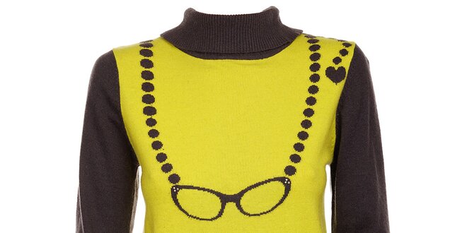 Dámsky limetkový sveter Yumi so vzorom okuliarov a gombíkmi