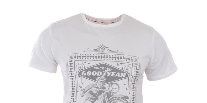 Pánske biele tričko so svetlo šedou potlačou Goodyear