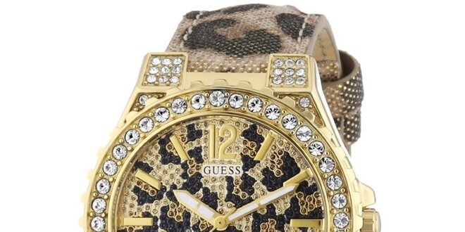 Dámske leopardie hodinky s kamienkami Guess
