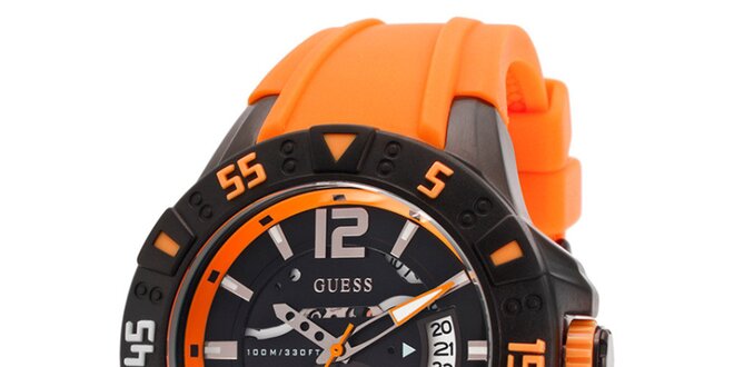 Dámske oranžovo-čierne oceľové hodinky so silikónovým remienkom Guess