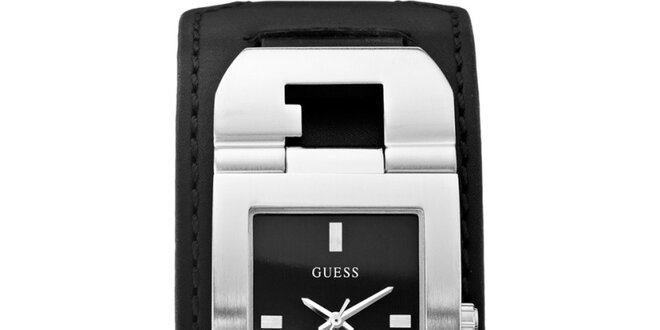 Pánske designové oceľové hodinky s čiernym koženým remienkom Guess
