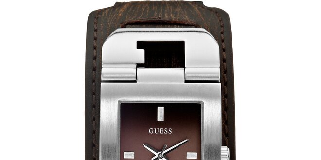 Pánske designové oceľové hodinky s hnedým koženým remienkom Guess
