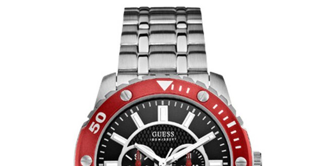 Unisex oceľové hodinky s čiernym ciferníkom a červenou lunetou Guess