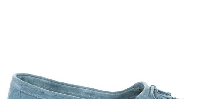 Dámske svetlo modré semišové loafers so strapcami a mašľou Bueno