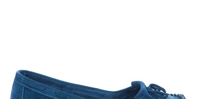 Dámske tmavo modré semišové loafers so strapcami a mašľou Bueno